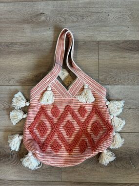 Twig & Arrow Handwoven coral & Cream Tassel Tote boho Bag